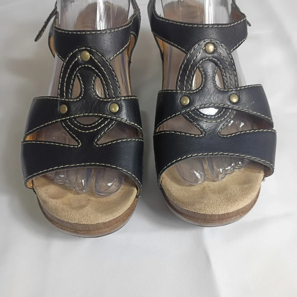 Dansko Sigrid Leather Wedge Sandals Size 39 /US 8.5 Black Strappy Casual Summer